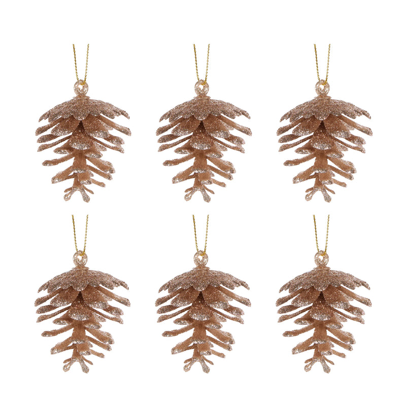 Glittered Champagne Pinecones Hanging | 6pk