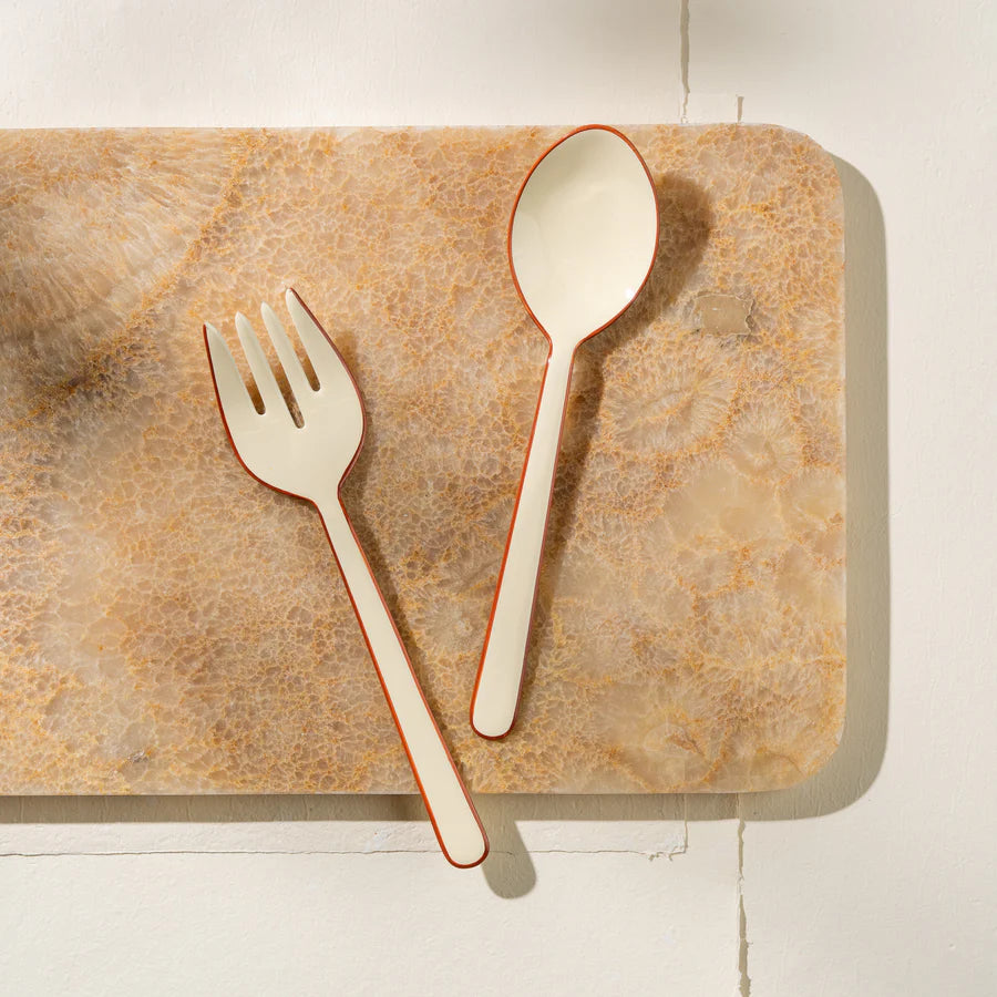 Alder Enamel Salad Servers | Cream
