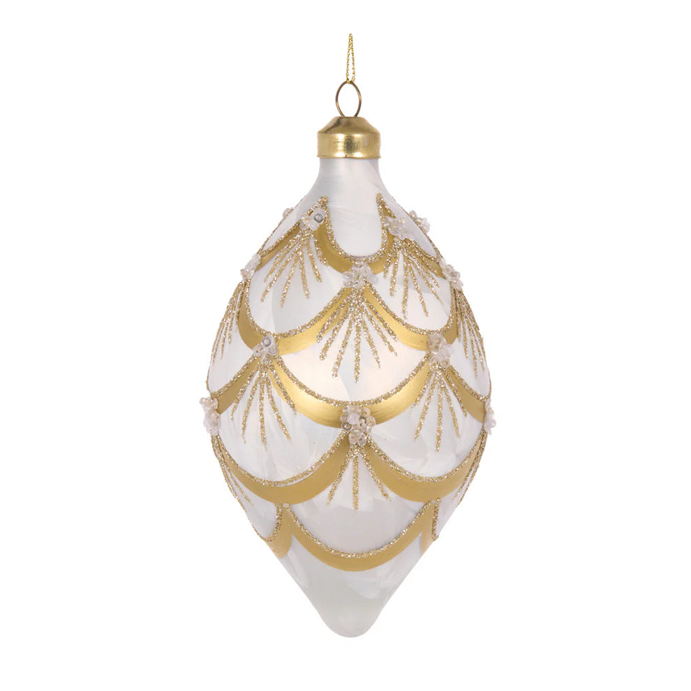 White And Gold Deco Scalloped Drop Bauble