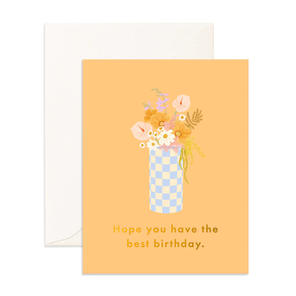 Best Birthday Blue Check Vase Greeting Card