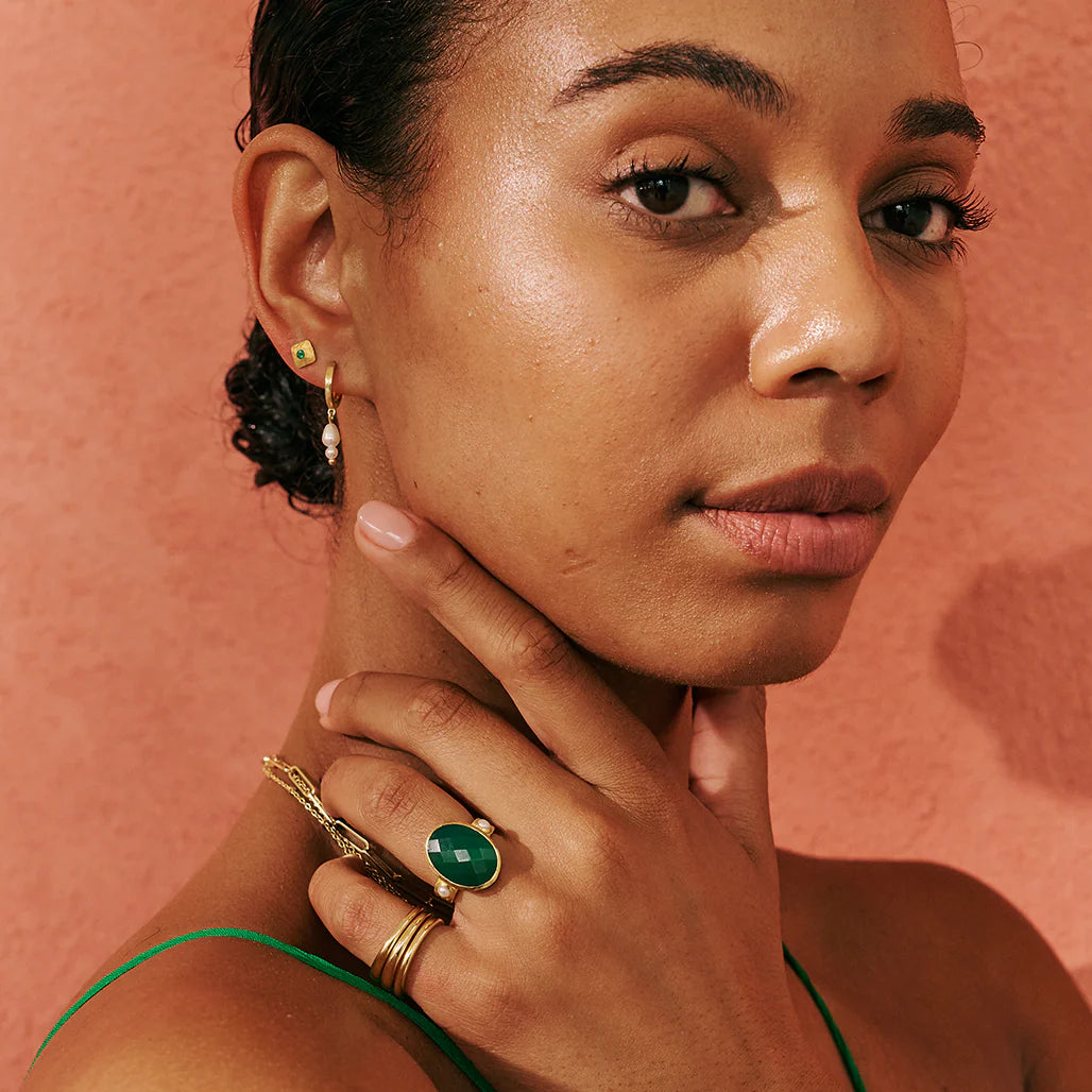 Wandering Soul Green Onyx Stud Earrings | 18KT Yellow Gold Plate