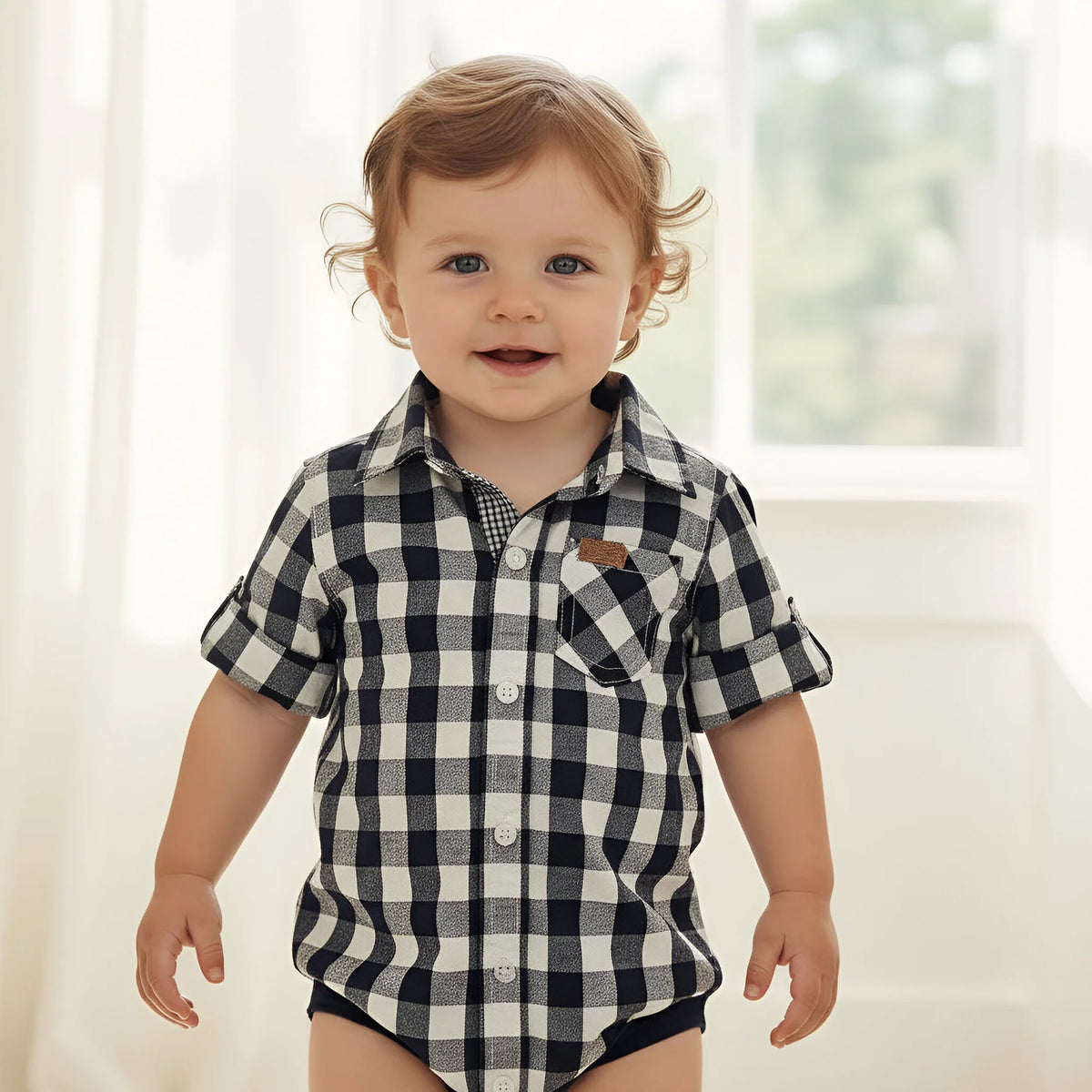 Baby Boys Dress Shirt Romper | Navy Check
