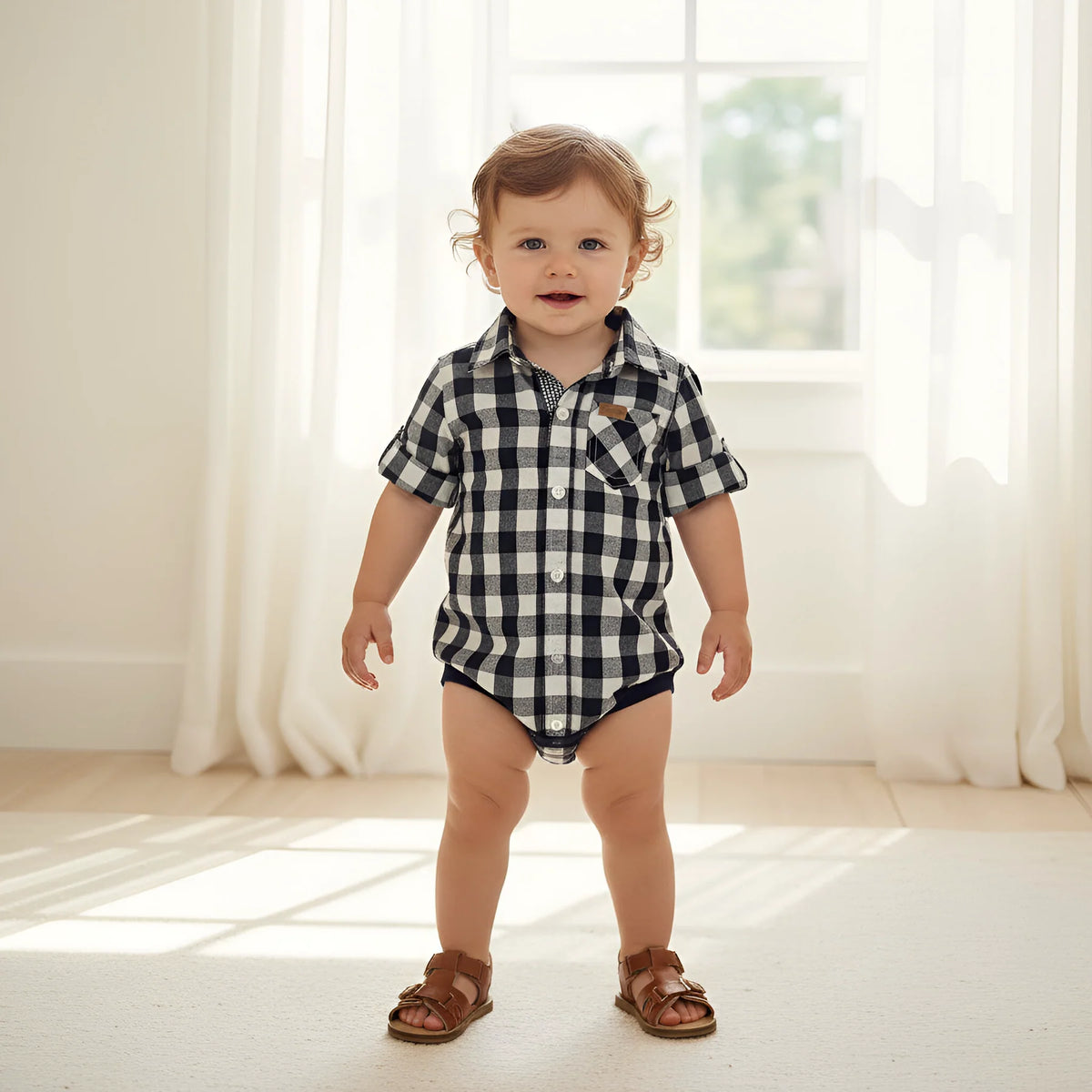 Baby Boys Dress Shirt Romper | Navy Check