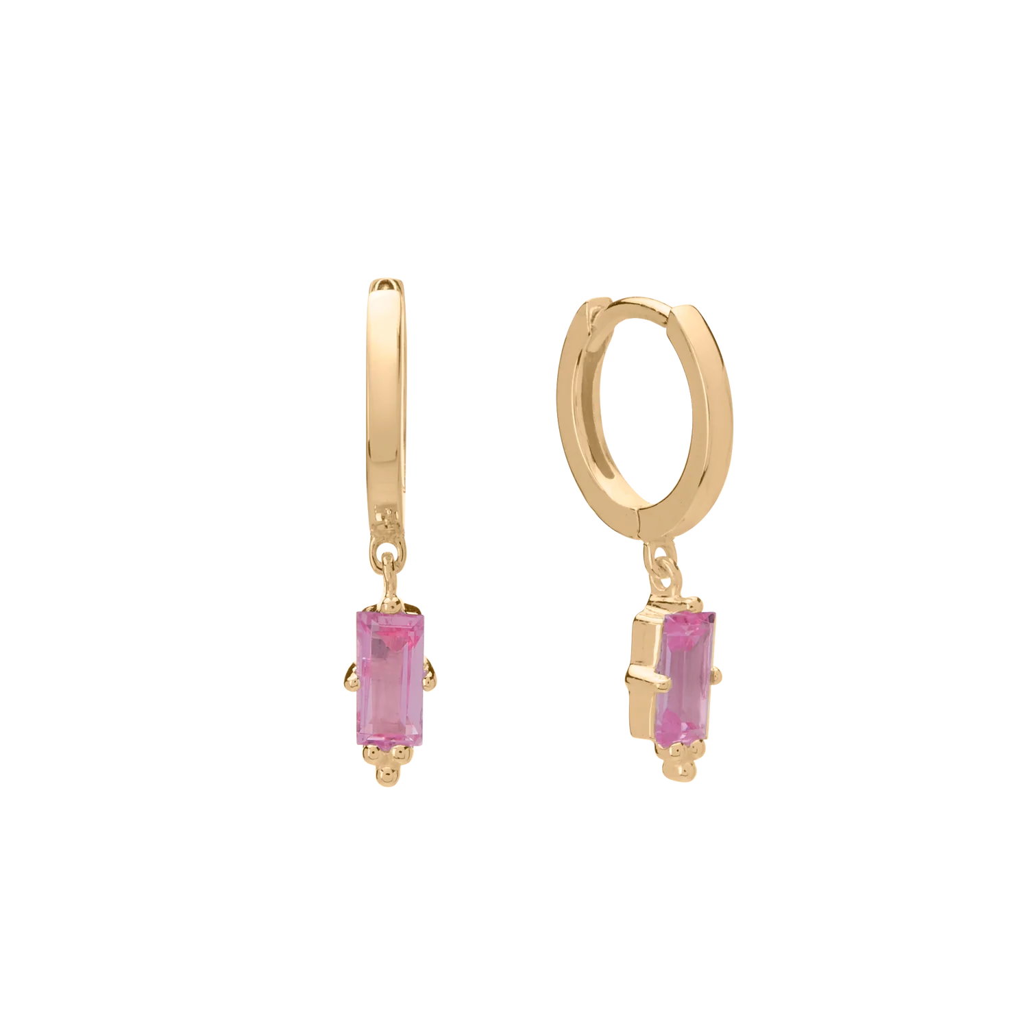Huggies Hanging Pink Quartz Baguette | 18KT Yellow Gold Plate