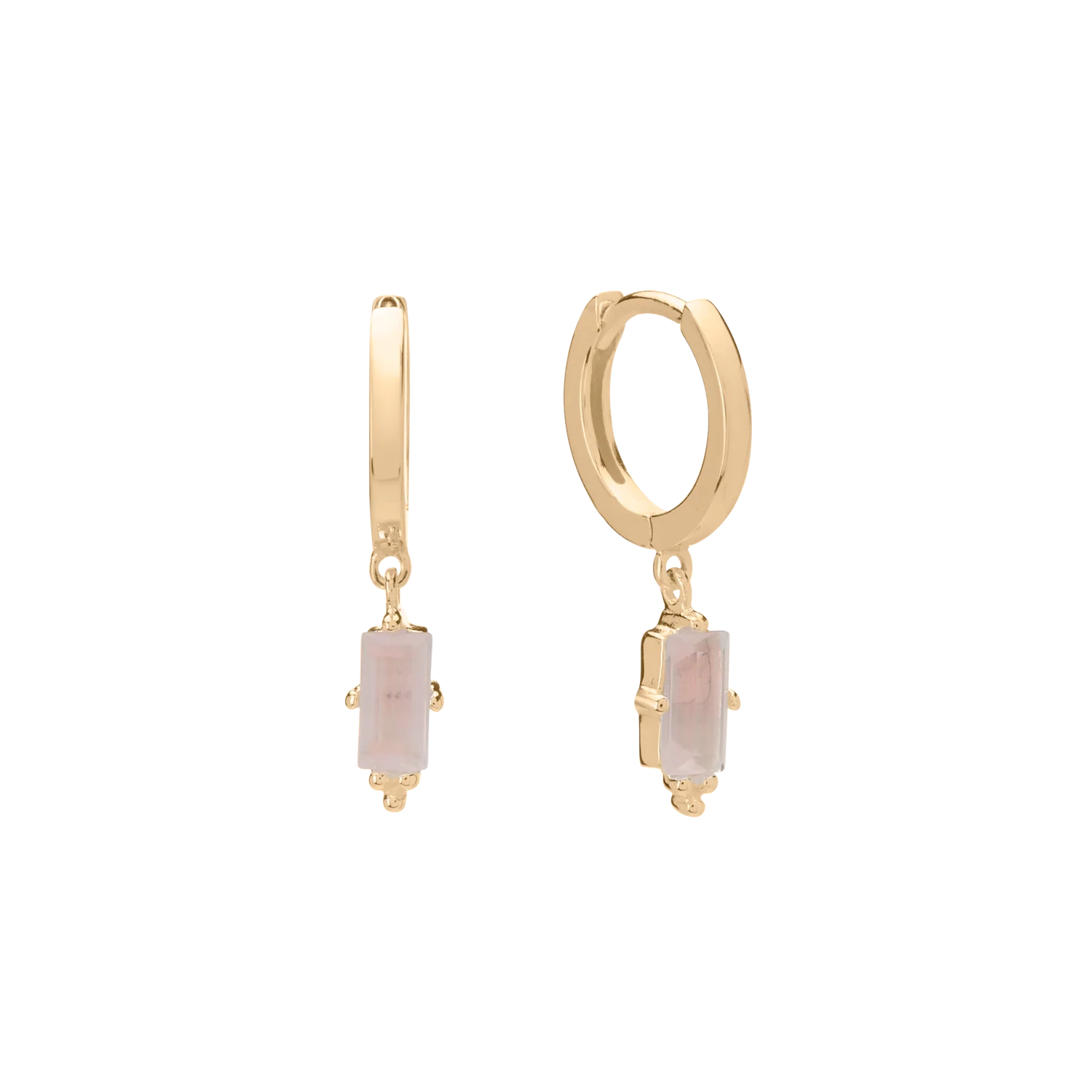 Huggies Hanging Rose Quartz Baguette | 18KT Yellow Gold Plate