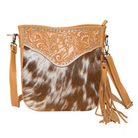 Santiago Tooling Leather Cowhide Medium Bag with Turquoise Paint Highlight