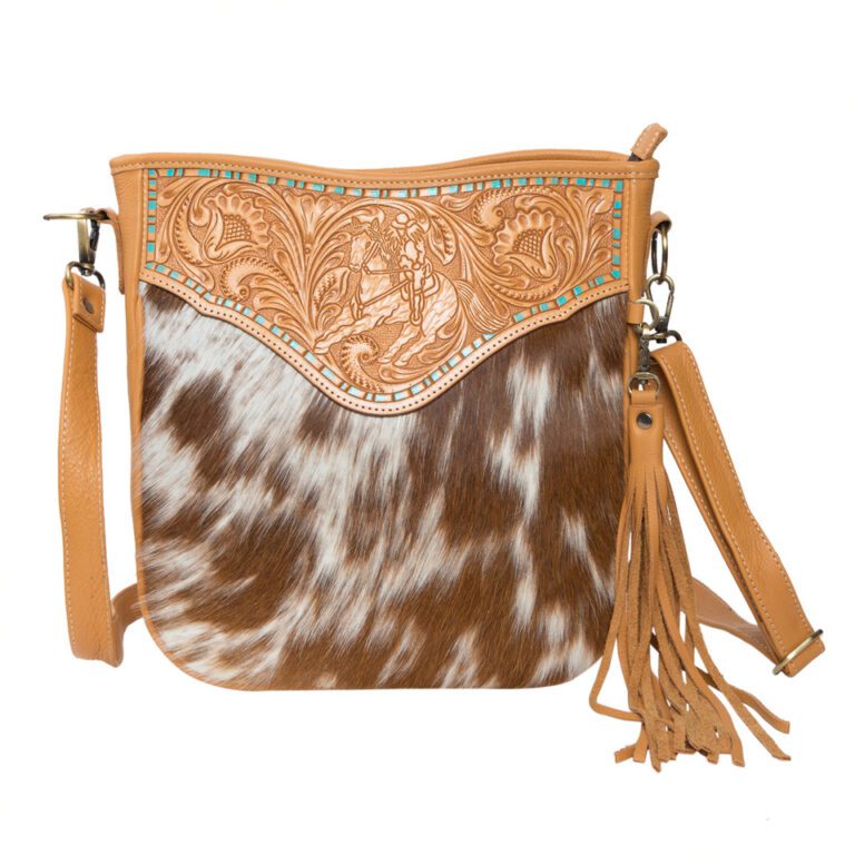 Santiago Tooling Leather Cowhide Medium Bag with Turquoise Paint Highlight