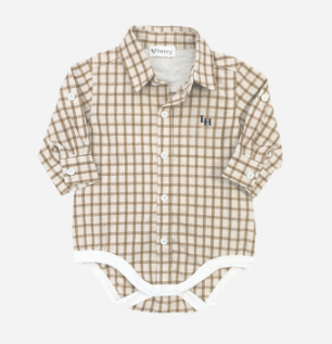 Baby Boys Oxford Shirt Romper | Tan Check