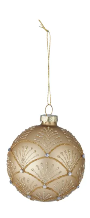 8cm Glass Bauble Embellished | Matte Gold