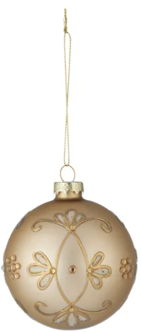 8cm Glass Bauble Embellished | Matte Gold