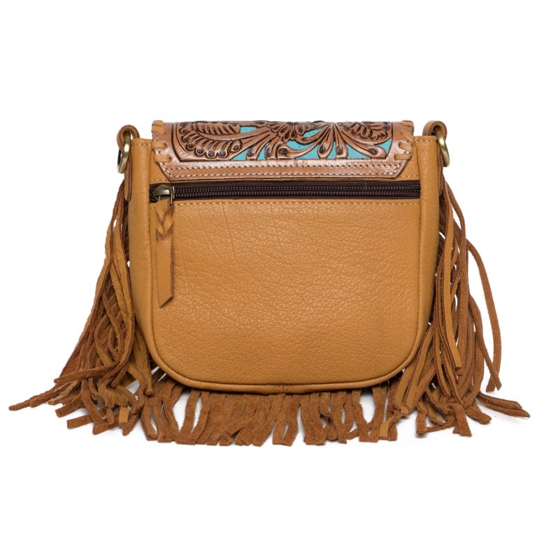 Oman Tooling Leather Hand Carved Flap Sling Bag with Turquoise Base