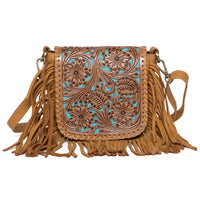 Oman Tooling Leather Hand Carved Flap Sling Bag with Turquoise Base