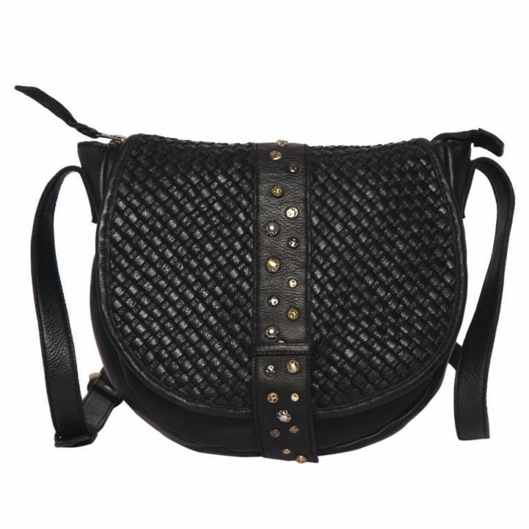 Tralee | Black Woven Washed Leather Flap Sling