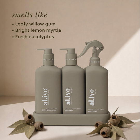 Dishwashing Liquid, Bench Spray & Hand Wash Trio | Willow Gum & Lemon Myrtle + Lemon Myrtle & Honeydew
