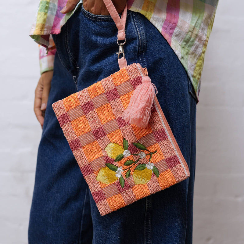 Beaded Clutch | Pink + Orange Checked Lemons