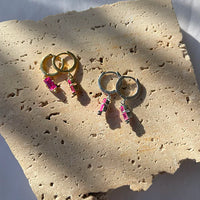 Huggies with Hanging Deep Pink Quartz Baguette | Yellow Gold Plate