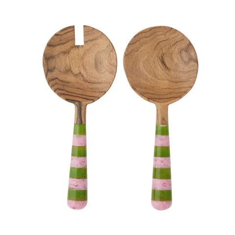 Dix S/2 Wood & Resin Salad Servers | Pink/Green