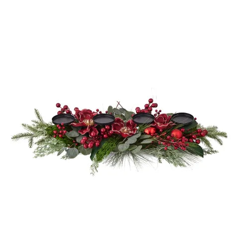 Magnolia & Bauble Candle Holder Arrangement | Red/Green