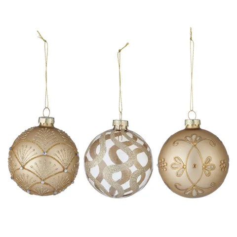 8cm Glass Bauble Embellished | Matte Gold