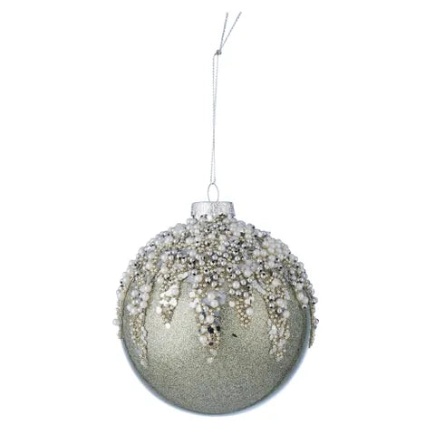 10cm Glass Bauble Beaded Light Green