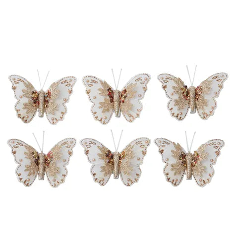 S/6 Butterfly Clip W/Pearl | Gold/White
