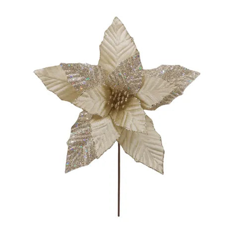 Shimmer Poinsettia Stem Fabric | Gold