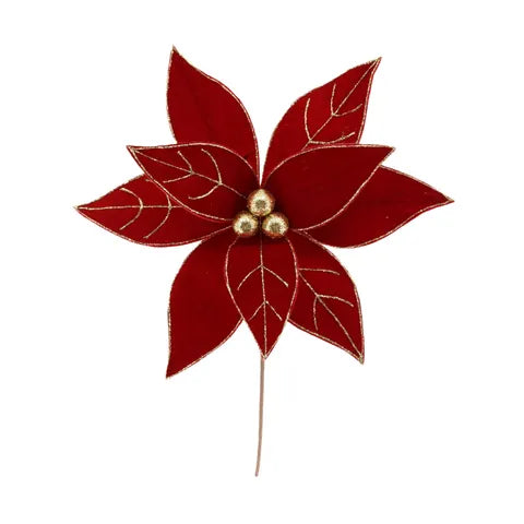 Scarlet Poinsettia Stem Fabric | Red/Gold