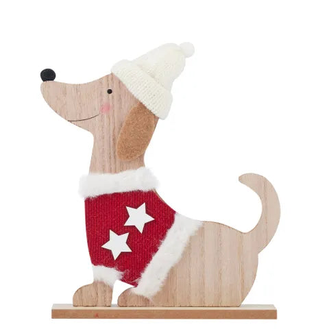 Sitting Puppy w/Hat Wood | Red/White