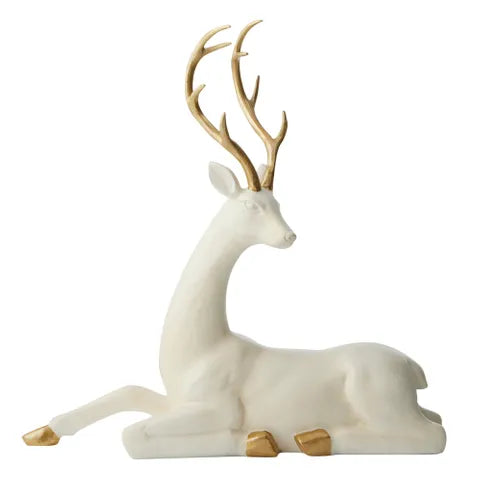 Laying Deer Polyresin | Gold/White