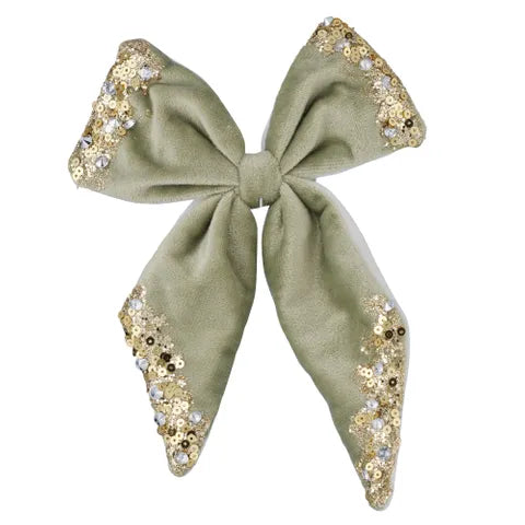 Embelished Bow w/Clip | Green/Gold
