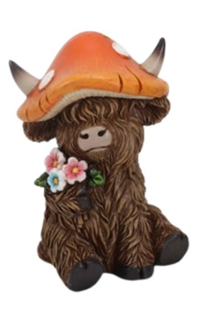 Resin Highland Cow w/ Mushroom Hat