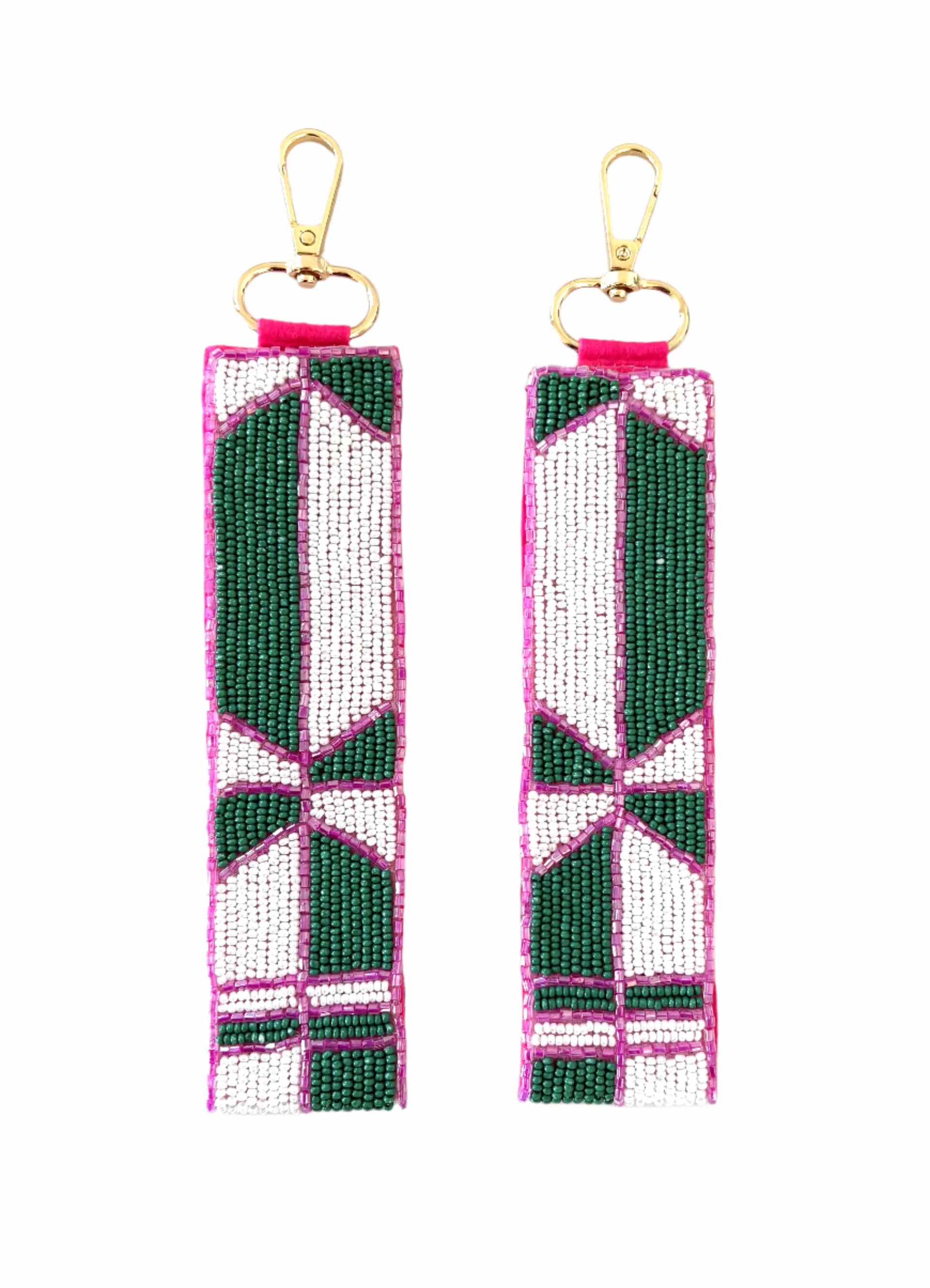 Beaded Keychain | Green, Pink + White Abstract