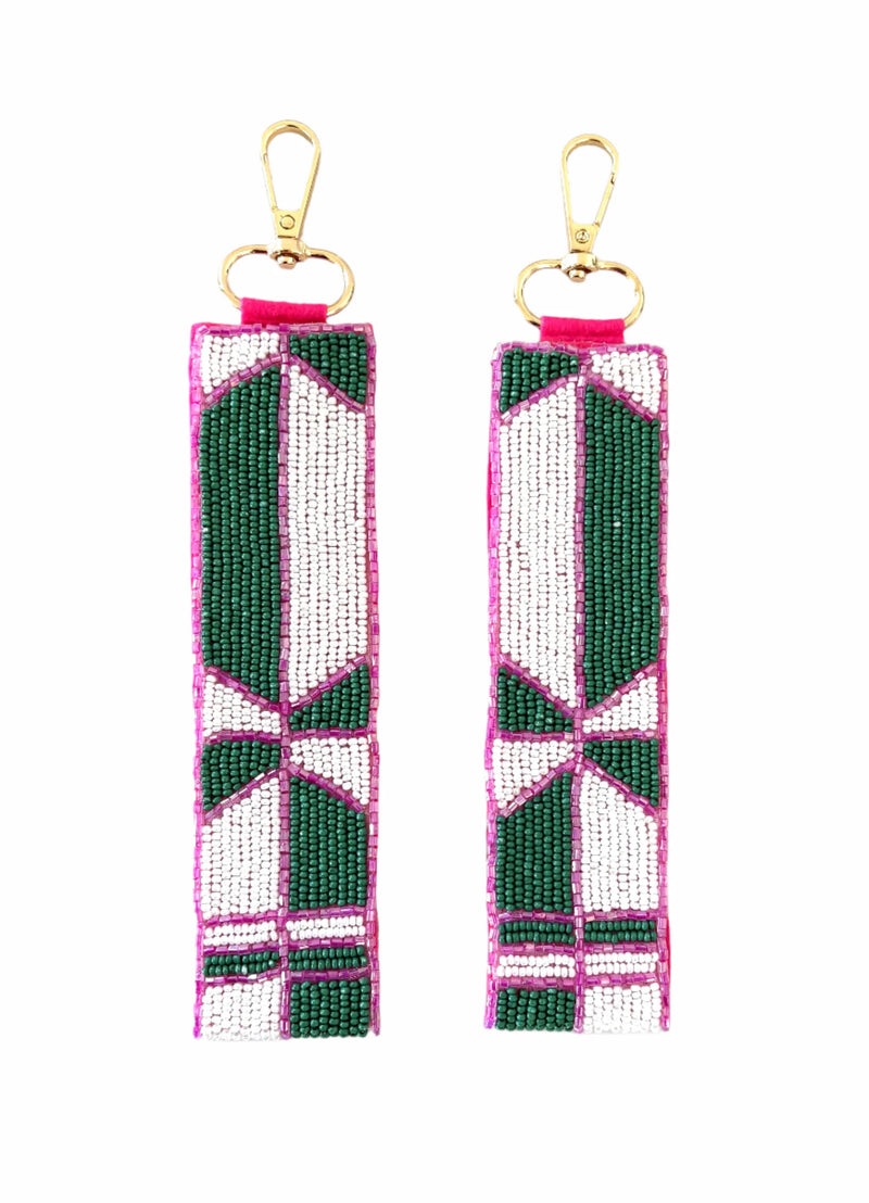 Beaded Keychain | Green, Pink + White Abstract
