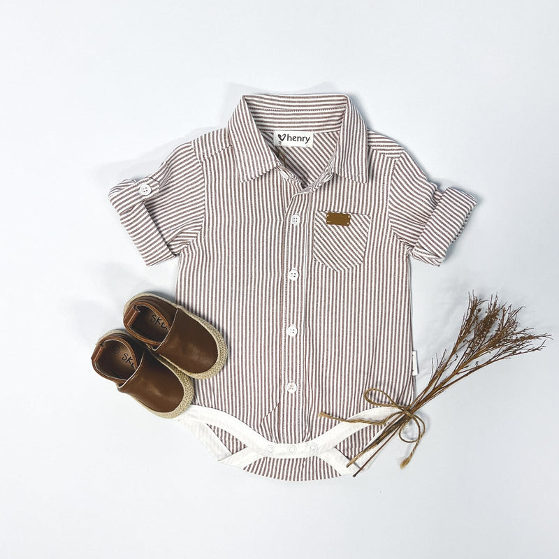 Baby Boys Dress Shirt Romper | Beige Pinstripe