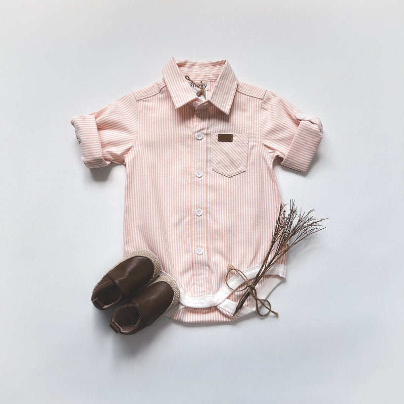 Baby Boys Dress Shirt Romper | Tangerine Pinstripe
