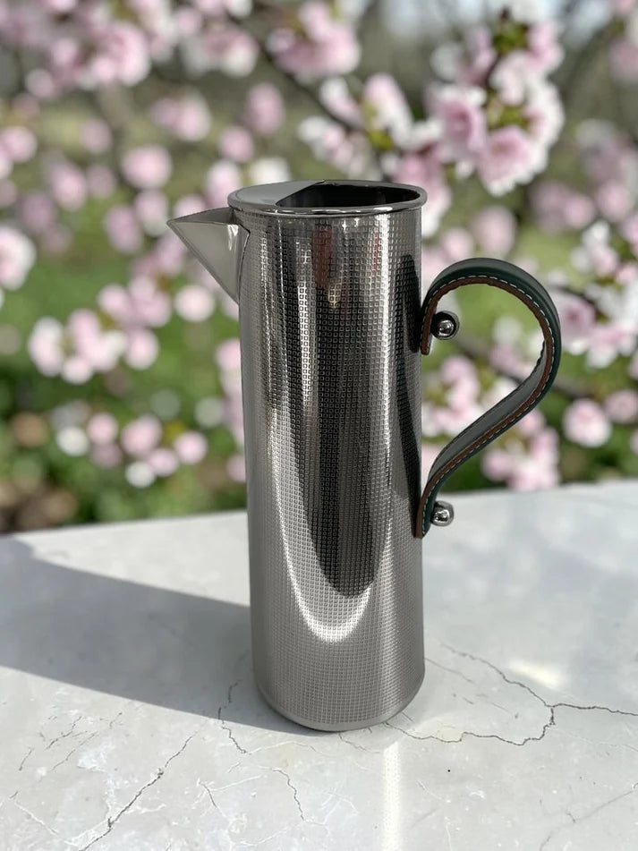 S/Steel Grid Pattern Small Jug Green Leather Handle 2.2L