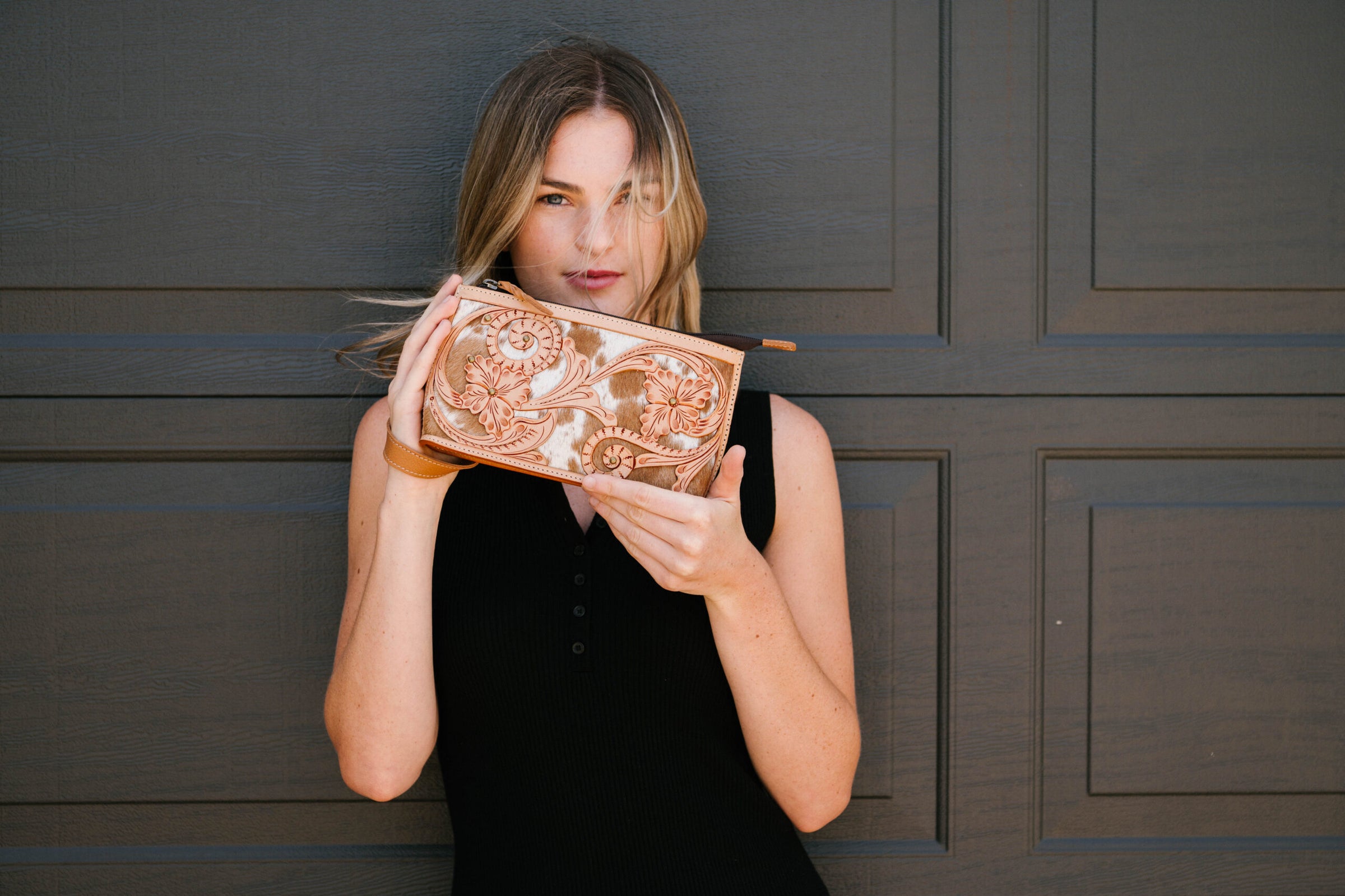 Noto Cowhide Clutch with Tooled Cutwork