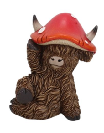 Resin Highland Cow w/ Mushroom Hat