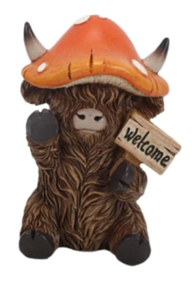 Resin Highland Cow w/ Mushroom Hat