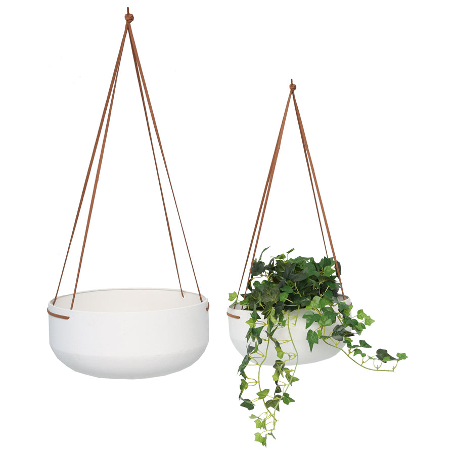 Hanging White Metal Planter w/Leather Rope