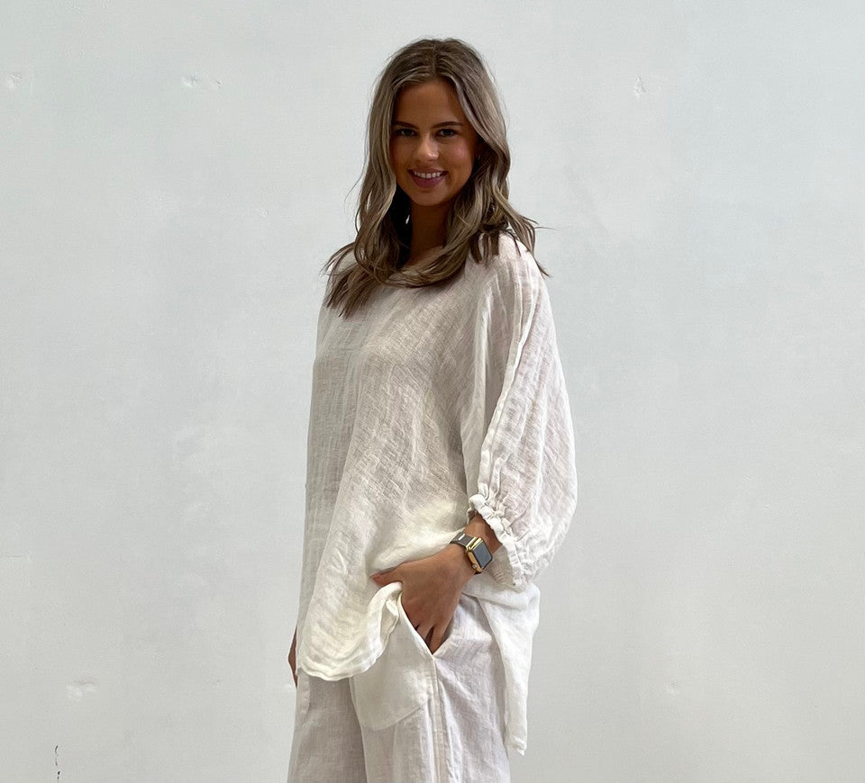 Chiara Elasticated Linen Top |Ivory