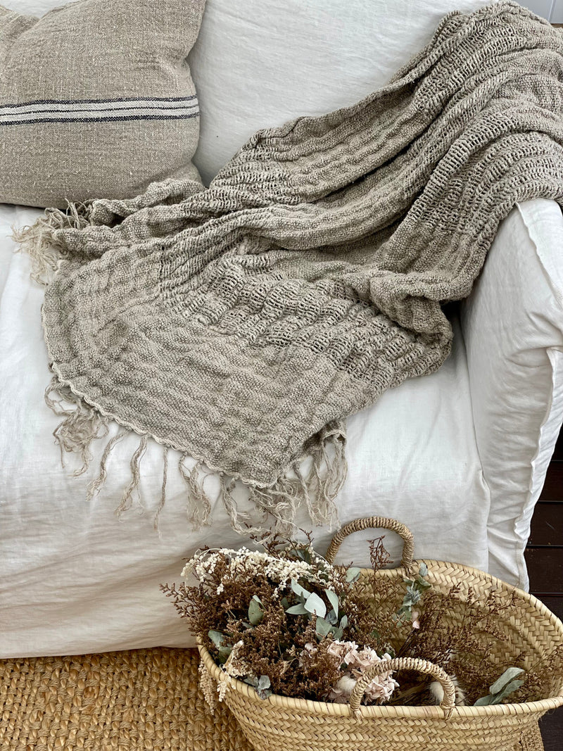 Clover Hand Loomed Linen Throw Natural with Fringe