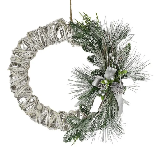Rattan Wreath with Pine Needles | Sage + White | Hanging Decoration