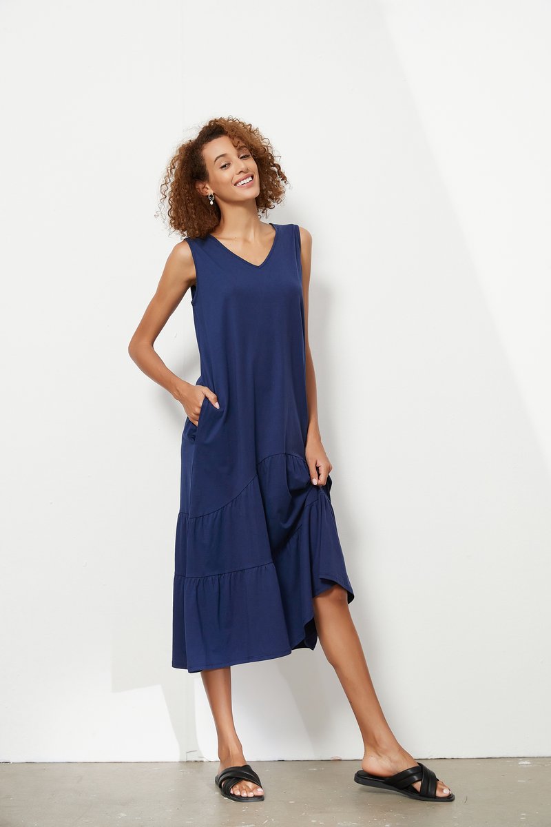 Tiered V Neck Jersey Dress | Navy