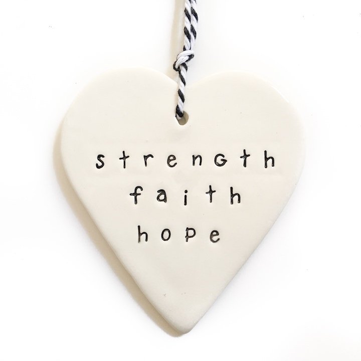 Handmade Ceramic Tag Heart | Strength Faith Hope