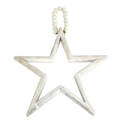 Wood Hanging Star W/Bead Handle | White