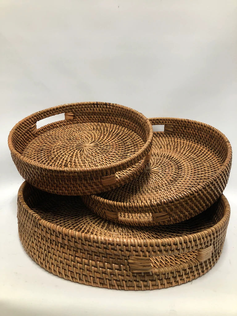 Round Brown Rattan Serving Tray