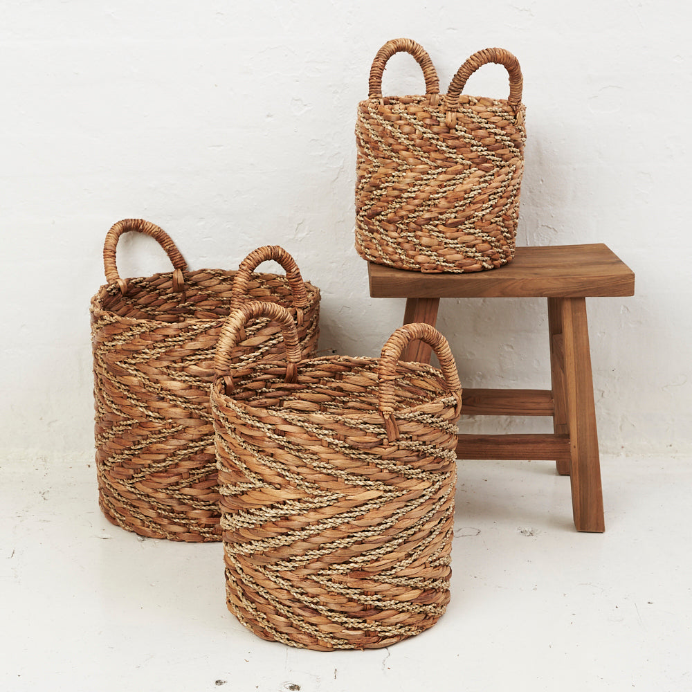 Natural Chevron Waterhyacinth Basket w Seagrass Pattern | Assorted Sizes