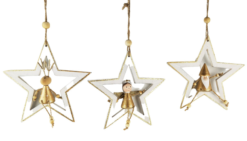 Reindeer, Santa or Angel in Star | White + Gold | Hanging Decoration