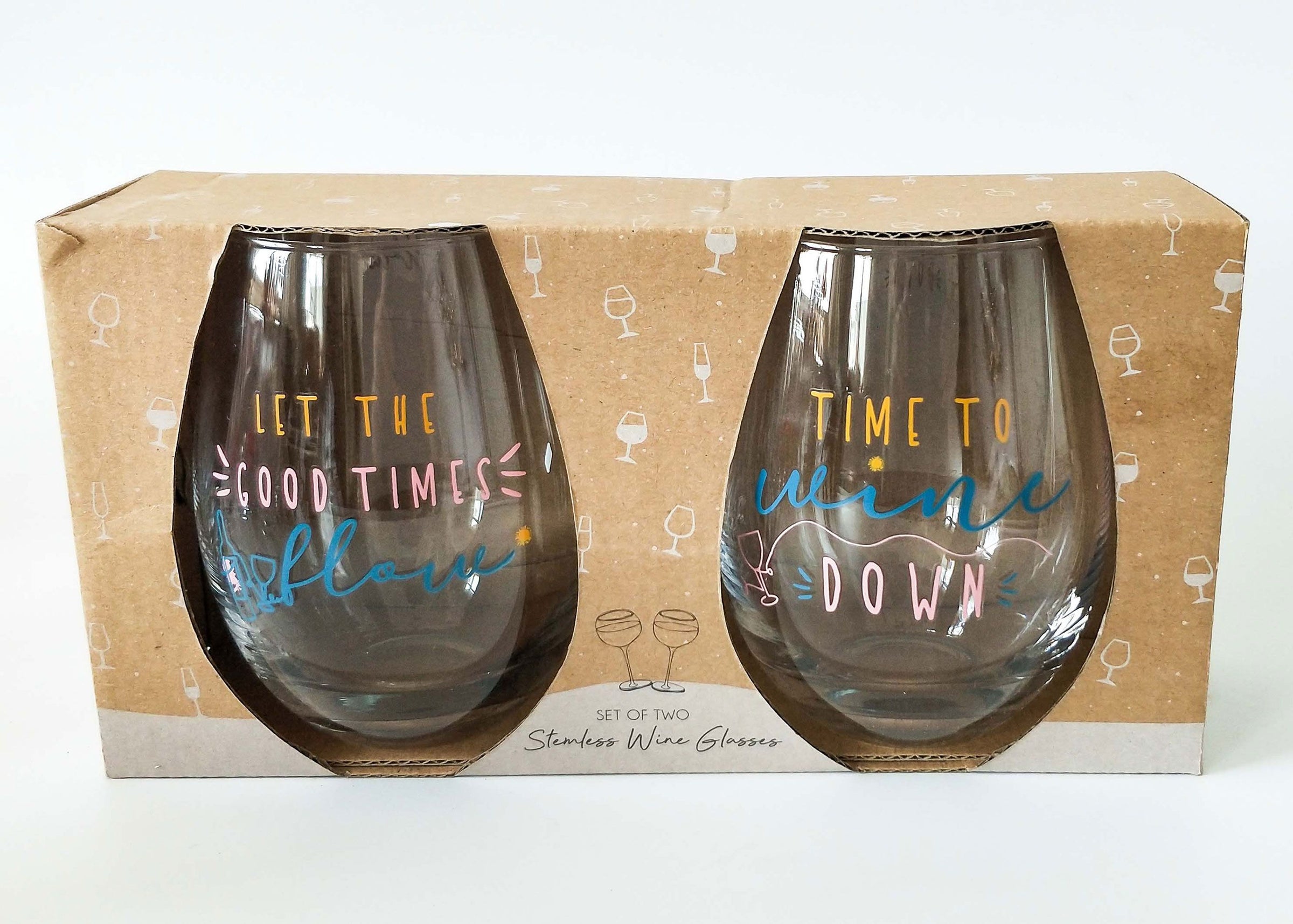 Time to Wine Down & Let The Good Times Flow Wine Glass Set of 2